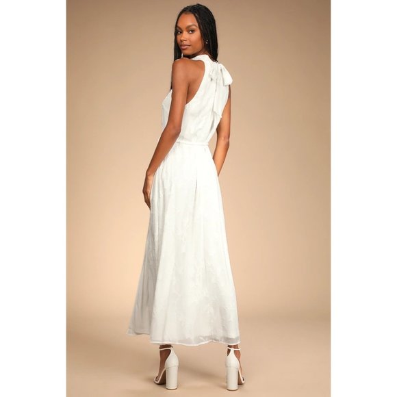 Lulus Breath of Spring White Floral Jacquard Sleeveless Halter Neck Maxi Dress - Picture 3 of 6